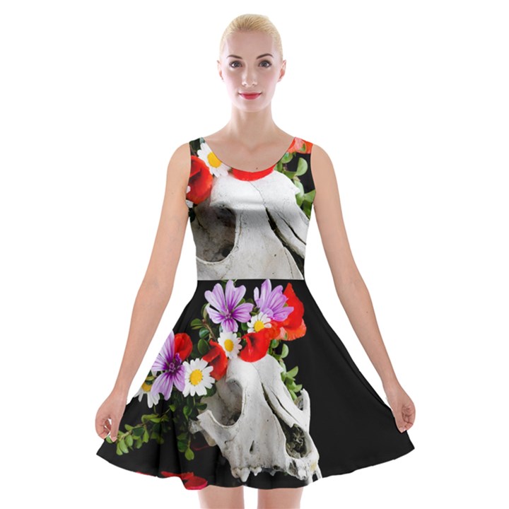 Animal Skull With A Wreath Of Wild Flower Velvet Skater Dress