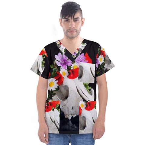 Animal Skull With A Wreath Of Wild Flower Men s V-neck Scrub Top by igorsin