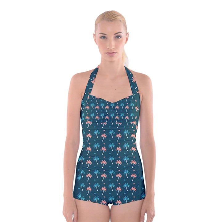 Summer palms pattern Boyleg Halter Swimsuit 