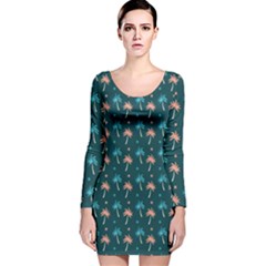 Summer Palms Pattern Long Sleeve Velvet Bodycon Dress