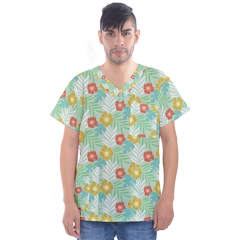 Vintage Floral Summer Pattern Men s V-neck Scrub Top by TastefulDesigns