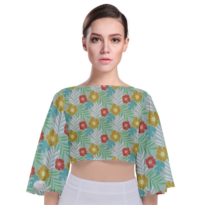 Vintage floral summer pattern Tie Back Butterfly Sleeve Chiffon Top