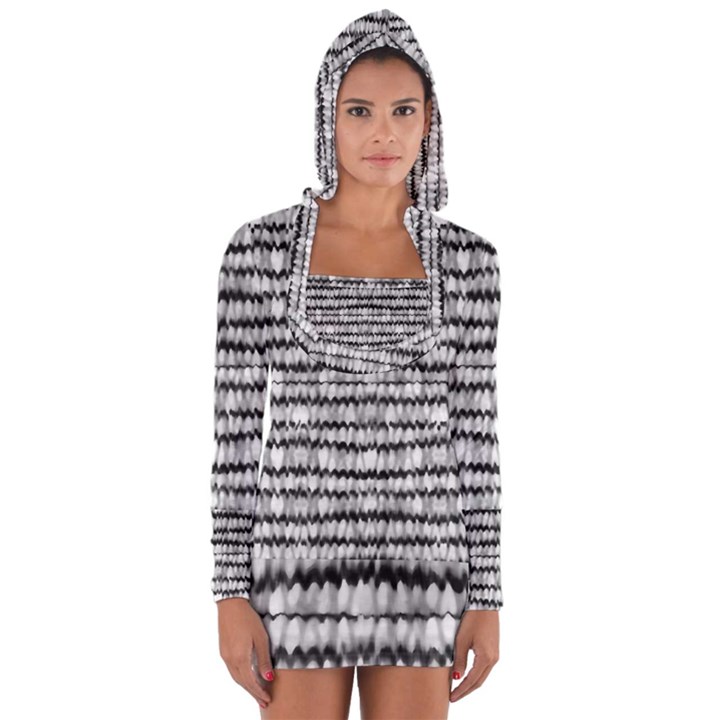 Abstract Wavy Black And White Pattern Long Sleeve Hooded T-shirt