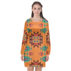 Misc Shapes On An Orange Background                              Long Sleeve Chiffon Shift Dress by LalyLauraFLM