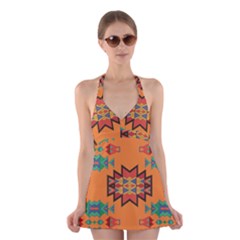 Misc Shapes On An Orange Background                                       Halter Swimsuit Dress by LalyLauraFLM