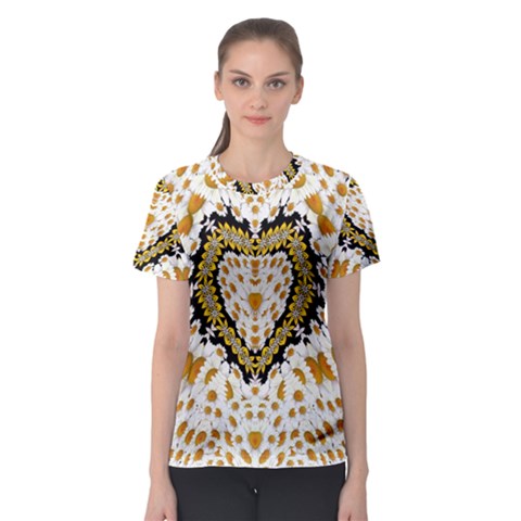 Hearts In A Field Of Fantasy Flowers In Bloom Women s Sport Mesh Tee by pepitasart