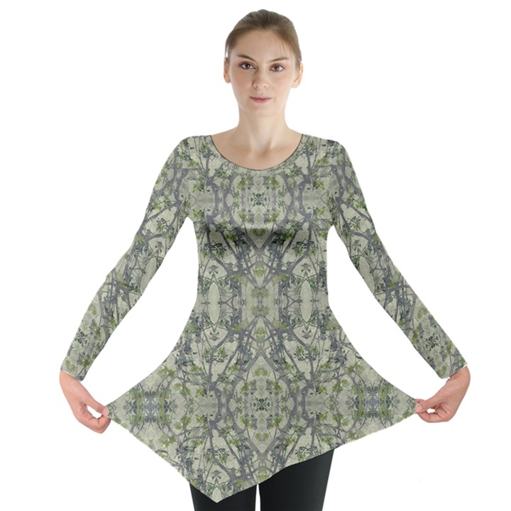 Modern Noveau Floral Collage Pattern Long Sleeve Tunic 