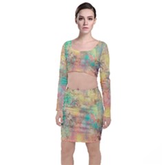 Pink Pastel Abstract Long Sleeve Crop Top & Bodycon Skirt Set by digitaldivadesigns