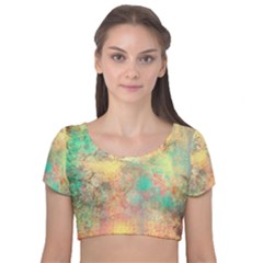 Pink Pastel Abstract Velvet Short Sleeve Crop Top  by digitaldivadesigns