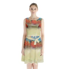 Colorful Tree Landscape In Orange And Blue Sleeveless Waist Tie Chiffon Dress by digitaldivadesigns