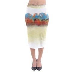 Colorful Tree Landscape In Orange And Blue Midi Pencil Skirt by digitaldivadesigns