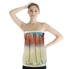 Colorful Tree Landscape In Orange And Blue Strapless Top by digitaldivadesigns