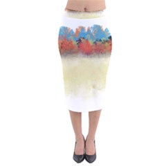 Colorful Tree Landscape In Orange And Blue Velvet Midi Pencil Skirt by digitaldivadesigns