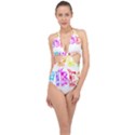 Good Vibes Rainbow Floral Typography Halter Front Plunge Swimsuit View1