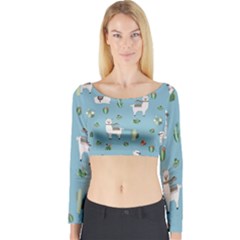 Lama And Cactus Pattern Long Sleeve Crop Top by Valentinaart