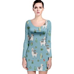 Lama And Cactus Pattern Long Sleeve Velvet Bodycon Dress by Valentinaart