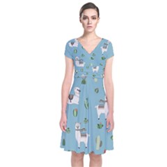 Lama And Cactus Pattern Short Sleeve Front Wrap Dress by Valentinaart