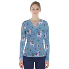 Lama And Cactus Pattern V-neck Long Sleeve Top by Valentinaart