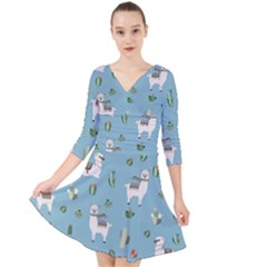 Lama And Cactus Pattern Quarter Sleeve Front Wrap Dress by Valentinaart