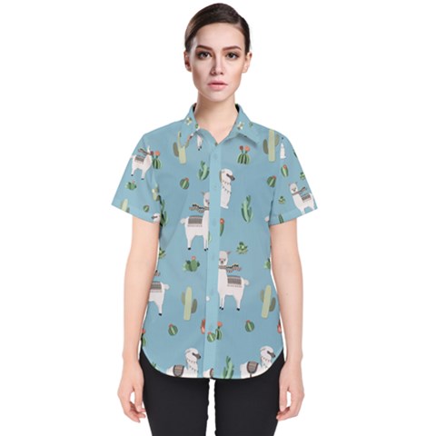 Lama And Cactus Pattern Women s Short Sleeve Shirt by Valentinaart