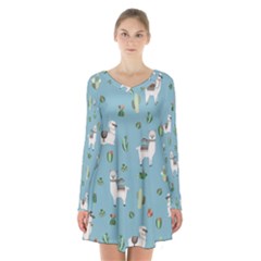 Lama And Cactus Pattern Long Sleeve Velvet V-neck Dress by Valentinaart