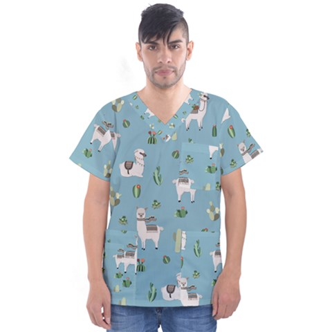 Lama And Cactus Pattern Men s V-neck Scrub Top by Valentinaart