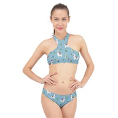 Lama And Cactus Pattern High Neck Bikini Set by Valentinaart