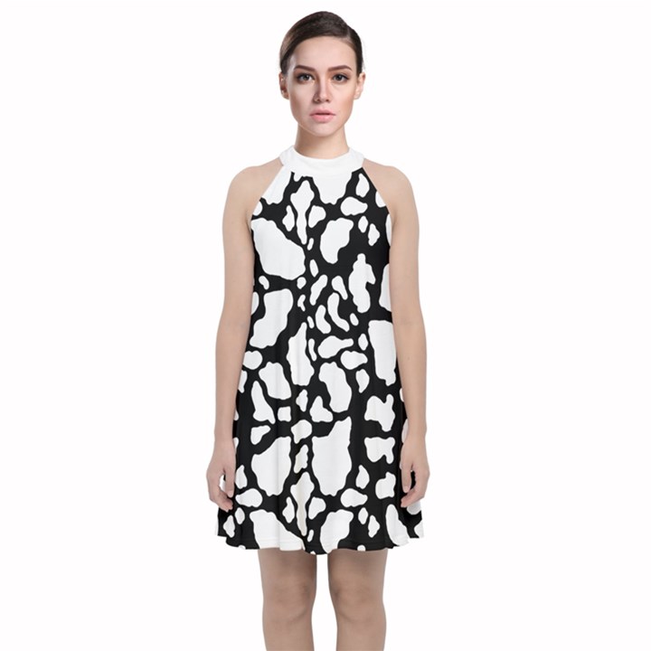 White On Black Cow Skin Velvet Halter Neckline Dress 