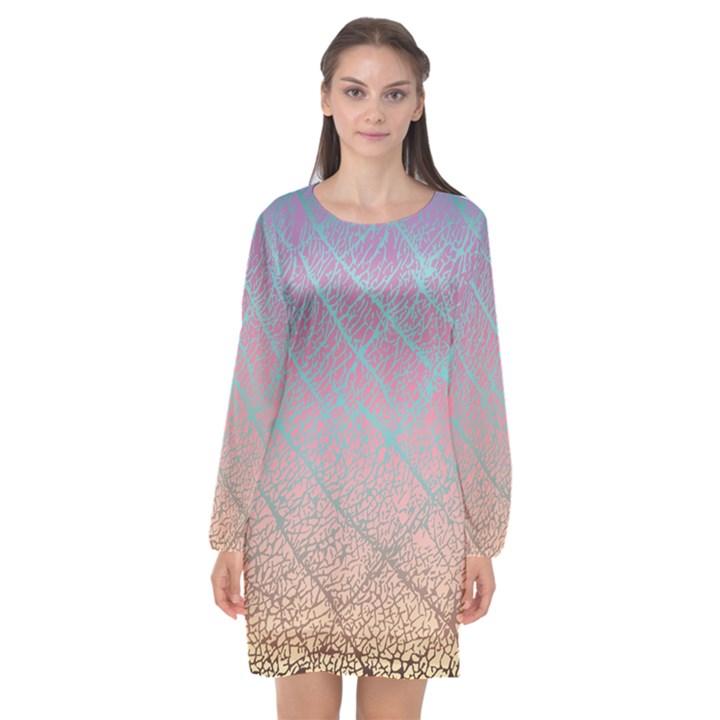 Pink Beige Elephant Skin Long Sleeve Chiffon Shift Dress 