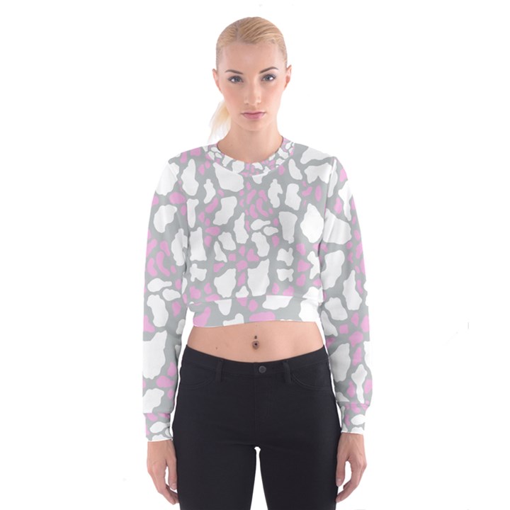 Pink Grey White Cow Print Cropped Sweatshirt