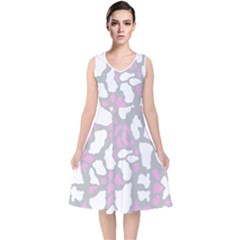 Pink Grey White Cow Print V-neck Midi Sleeveless Dress  by LoolyElzayat