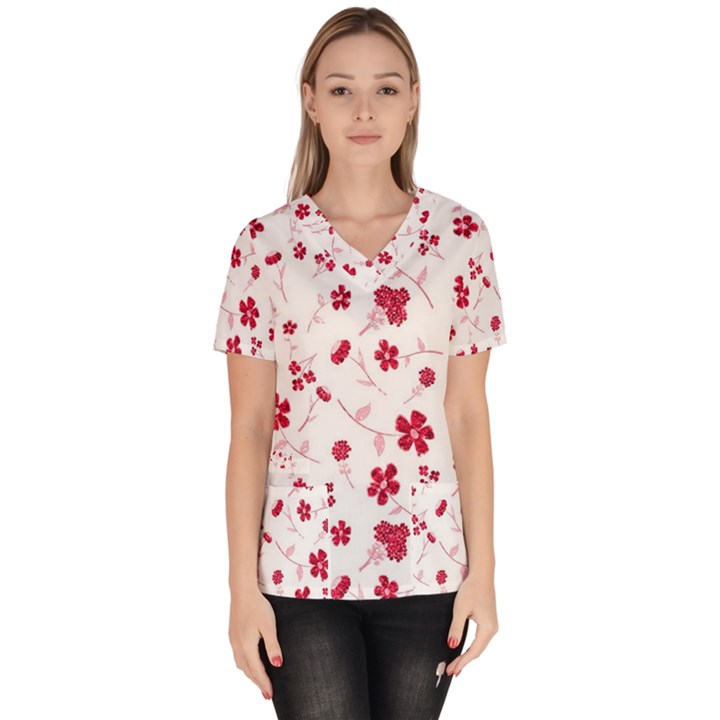 Sweet Shiny Floral Red Scrub Top