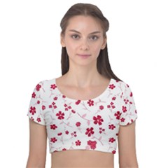 Sweet Shiny Floral Red Velvet Short Sleeve Crop Top  by ImpressiveMoments