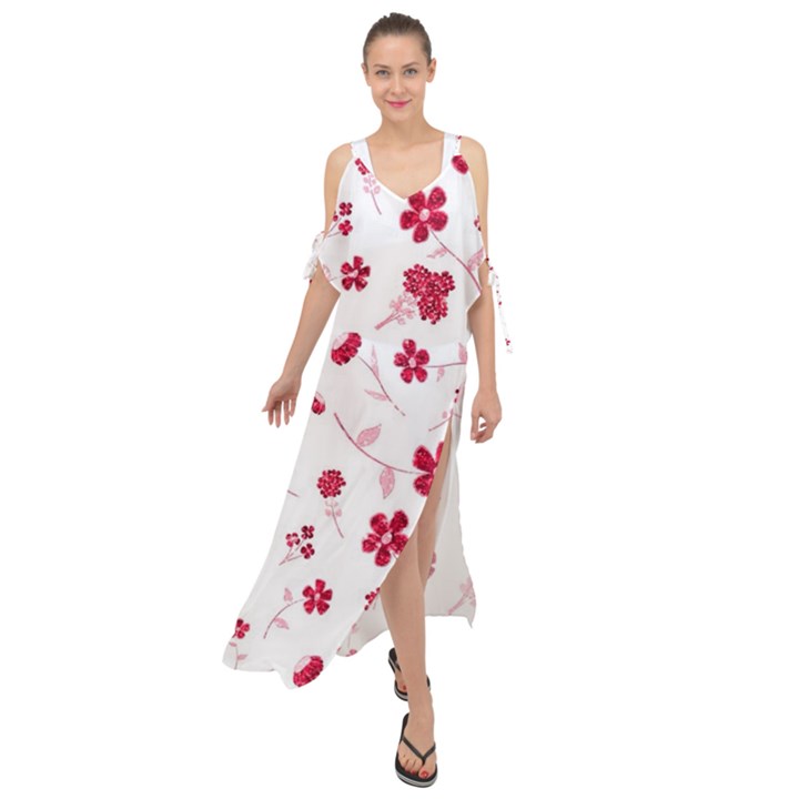 Sweet Shiny Floral Red Maxi Chiffon Cover Up Dress