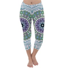 Hearts In A Decorative Star Flower Mandala Capri Winter Leggings  by pepitasart