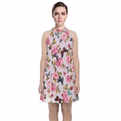 Floral Butterflies Print Velvet Halter Neckline Dress  by CasaDiModa