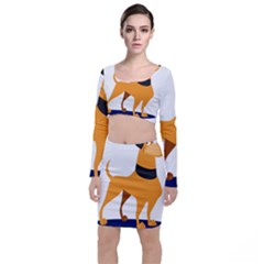 Stub Illustration Cute Animal Dog Long Sleeve Crop Top & Bodycon Skirt Set