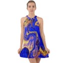 blue gold marbled Halter Tie Back Chiffon Dress View1