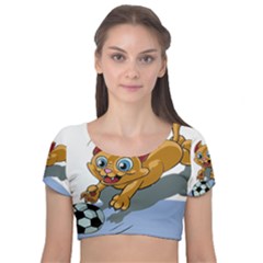 Cat Ball Play Funny Game Playing Velvet Short Sleeve Crop Top  by Nexatart