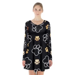 Dog Pawprint Tracks Background Pet Long Sleeve Velvet V-neck Dress