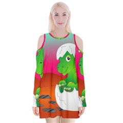 Dinosaur Dino Baby Dino Lizard Velvet Long Sleeve Shoulder Cutout Dress by Nexatart