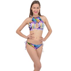 Blue Lilac On A Countertop 3 Cross Front Halter Bikini Set