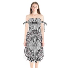 Ornate Hindu Elephant  Shoulder Tie Bardot Midi Dress by Valentinaart