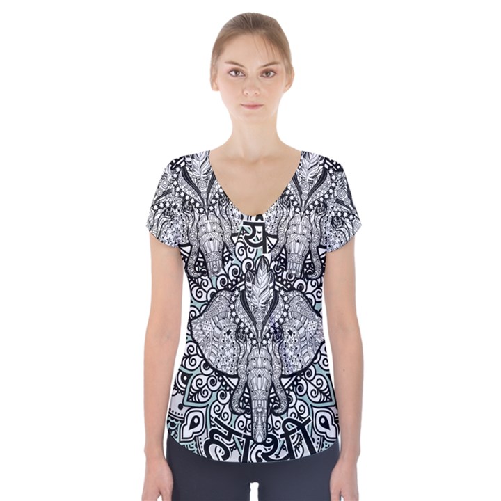 Ornate Hindu Elephant  Short Sleeve Front Detail Top