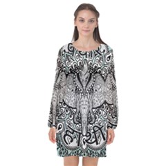 Ornate Hindu Elephant  Long Sleeve Chiffon Shift Dress  by Valentinaart