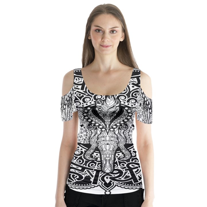 Ornate Hindu Elephant  Butterfly Sleeve Cutout Tee 