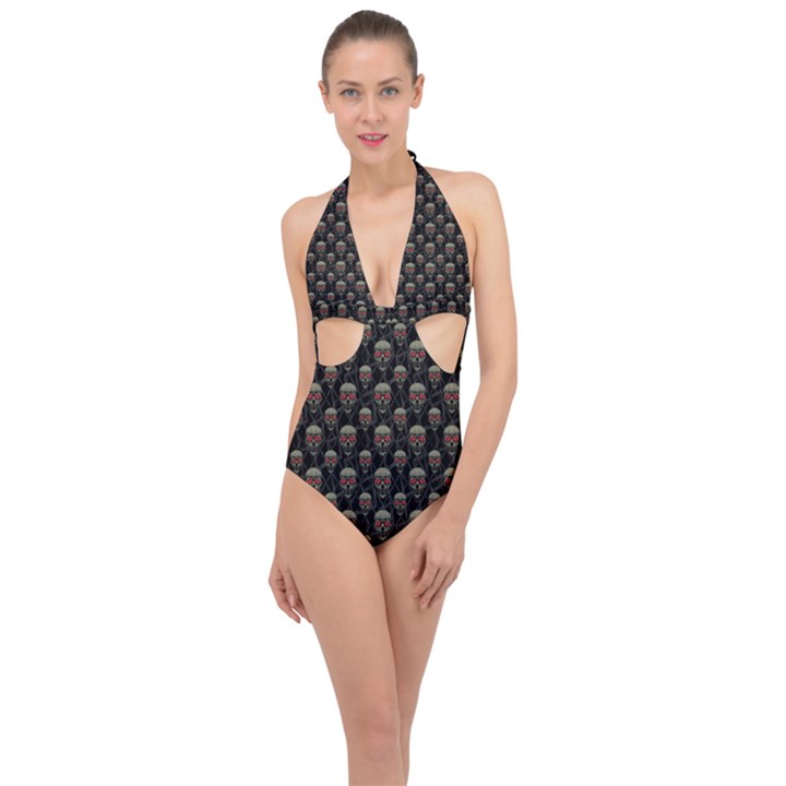 Skulls Motif Pattern Halter Front Plunge Swimsuit