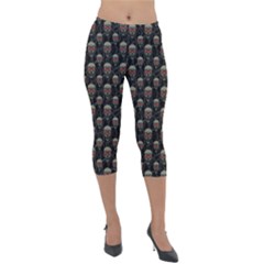 Skulls Motif Pattern Lightweight Velour Capri Leggings 