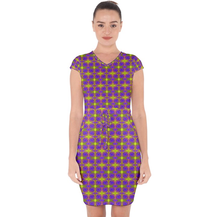 Purple Yellow Swirl Pattern Capsleeve Drawstring Dress 