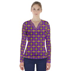 Purple Yellow Swirl Pattern V-neck Long Sleeve Top by BrightVibesDesign